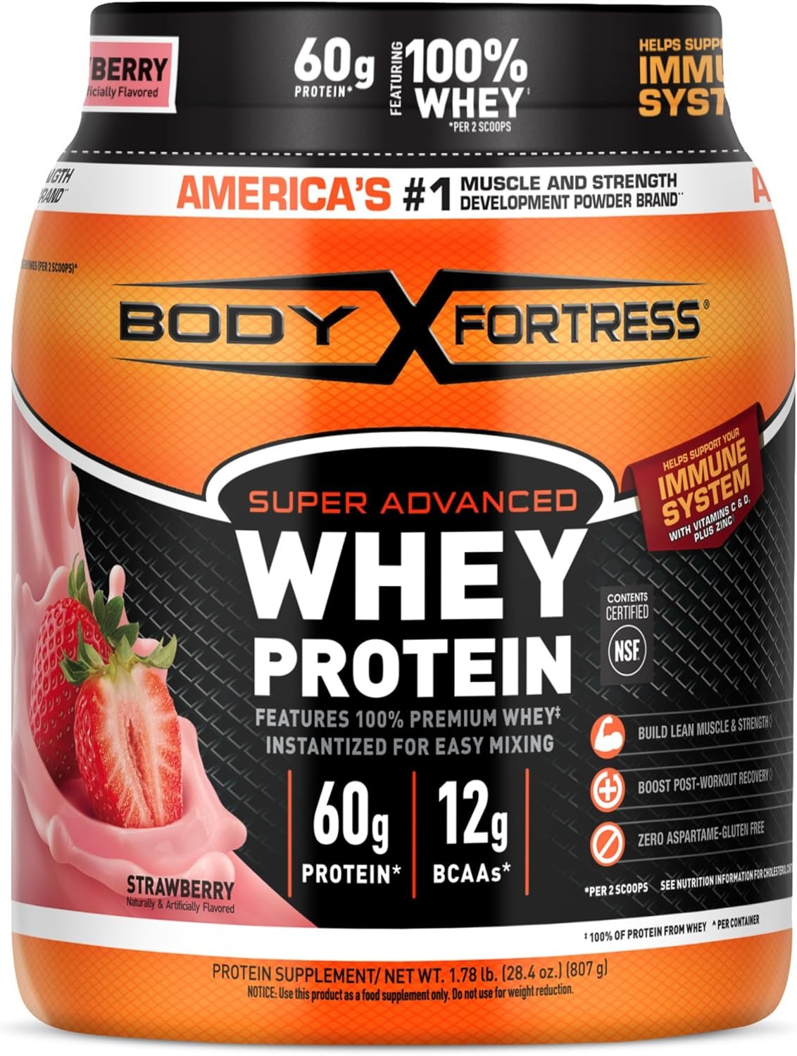 Body Fortress Super Advanced Whey Protein Powder, Strawberry, Immune Support