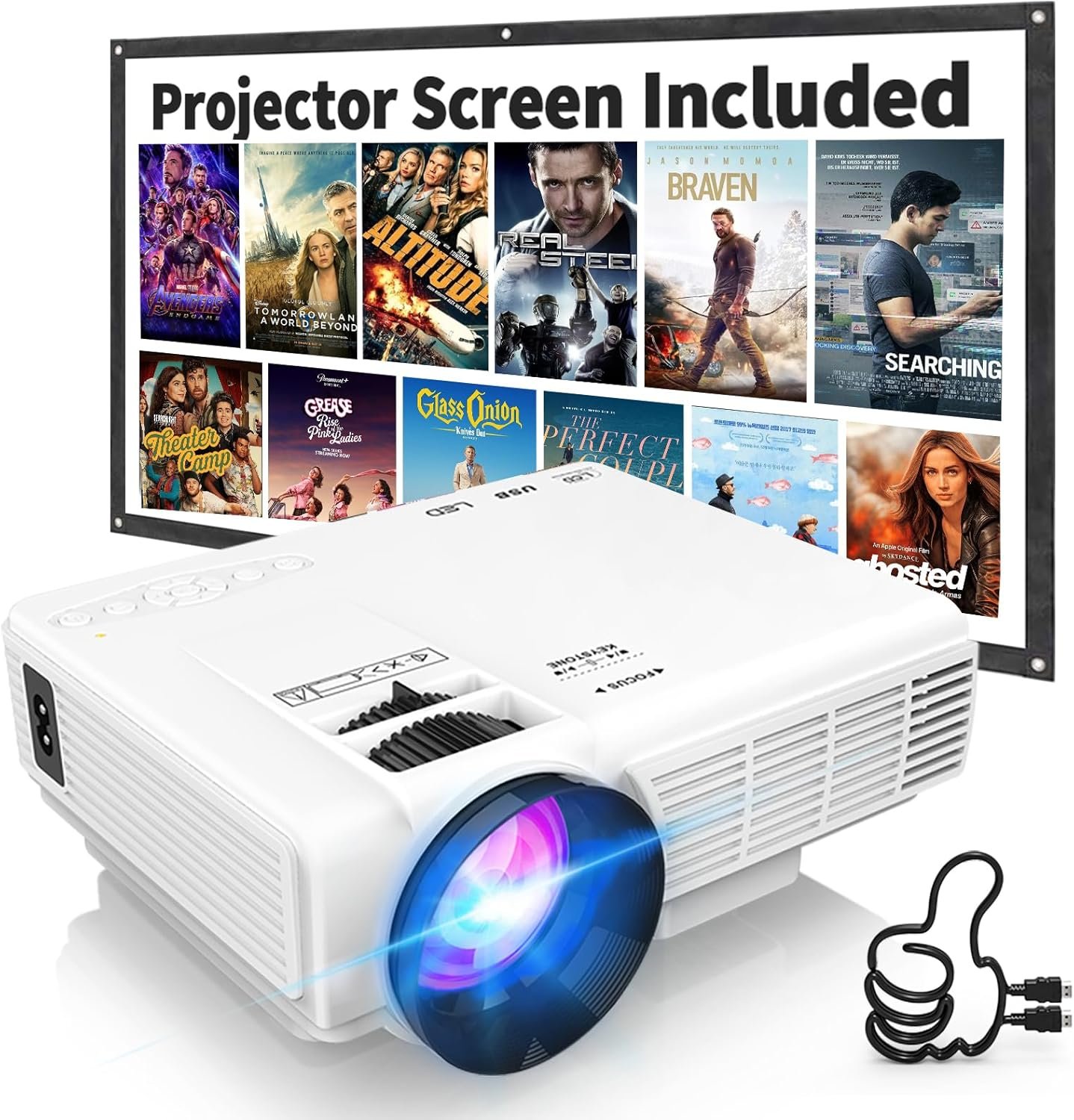 Projector with Two-way Bluetooth, Mini Projector with Projector Screen, Full