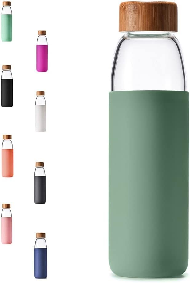 veegoal 25 Oz Borosilicate Glass Water Bottles with Bamboo Lid,