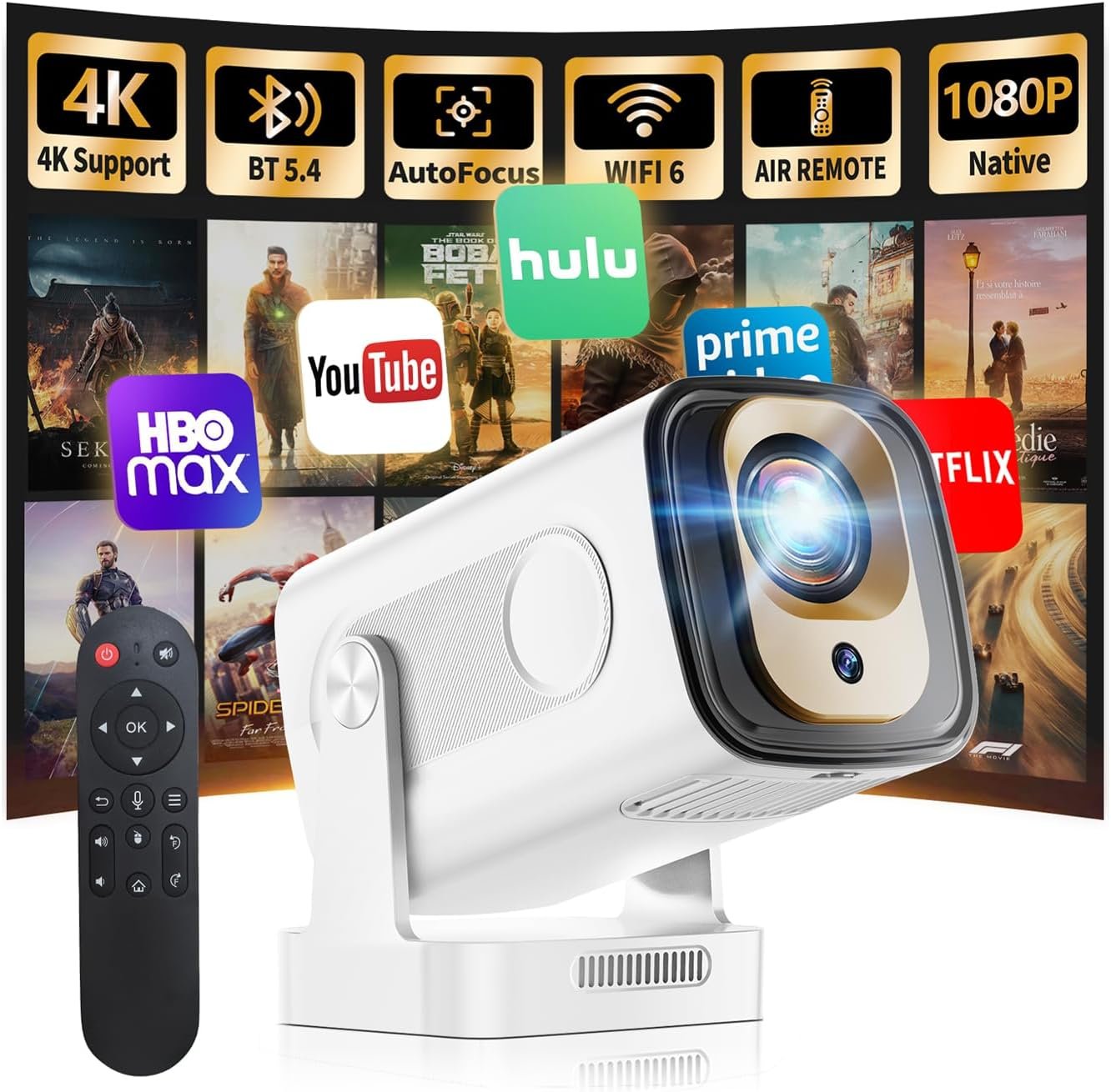 【Built-in Apps】Mini Projector 1080P with WiFi 6 and Bluetooth 5.4,