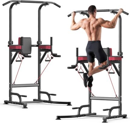 Dskeuzeew Pull Up Bar Free Standing for Garage Multi-Function Home Gym Strength, 450LBS Pull Up Dip Station Assistive Trainer Height Adjustable with Elastic Ropes, Power Tower Training Heavy-Duty Fitness Equipment