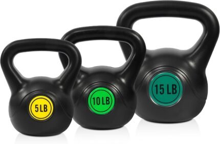 Fitvids Wide Grip 3-Piece Kettlebell Exercise Fitness Weight Set, Include 5 lbs, 10 lbs, 15 lbs and 20 lbs, Set of 3 or Set of 4