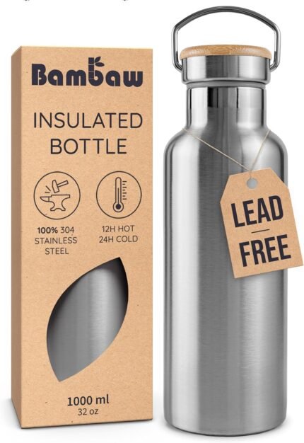 Bambaw 32 oz Water Bottle | Insulated Water Bottles | Water Bottle Stainless Steel | Insulated Travel Water Bottle | Insulated Water Bottle | Stainless Steel Water Bottles | 1 Liter Water Bottles