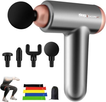 DSP Electric Massager Gun Deep Tissue with 3200RPM 32 Speed Gear, 4 Attachment Heads and 5 Resistance Bands - Handheld Cordless Rechargeable Muscle Massage Gun for Pain Relief and Relaxation