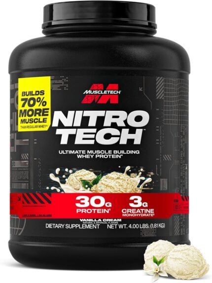 Muscletech Whey Protein Powder (Vanilla Cream, 4 Pound) - Nitro-Tech Ultimate Muscle Building Formula with Whey Protein Isolate - 30g of Protein, 3g of Creatine & 6.8g of BCAA - Packaging May Vary