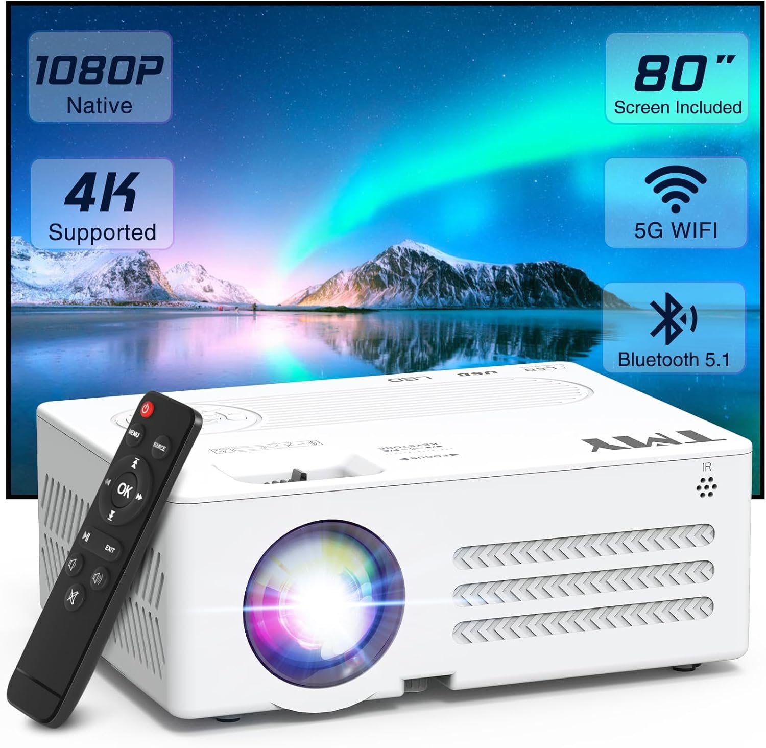 TMY Projector with WiFi and Bluetooth【80" screen included】Native 1080P Outdoor