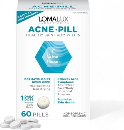 Loma Lux Acne Pills – Skin Clearing Support with 5 Natural Minerals Zinc & Sulfur – Dermatologist Developed Oral Hormonal Acne Treatment Supplement for Face & Body – Helps Prevent All Acne, Oily Skin