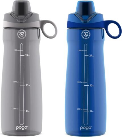 Pogo 2-Pack Plastic Water Bottle with Carry Handle, Reusable, BPA Free, Dishwasher Safe, Perfect for Travel, School, Outdoors, and Gym | 18oz, 32oz