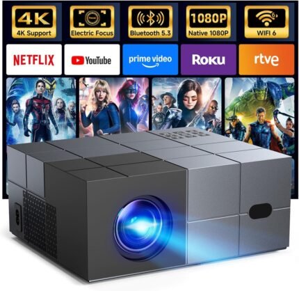 Projector with WiFi and Bluetooth - [High Brightness/Electric Focus]Outdoor Movie Projector ,Portable Smart Home Projector 1080P 4K Supported for Movie Night/Home Theater/Bedroom Valentines Gift Ideas