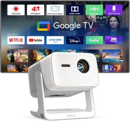 【3000 ANSI Official Licensed Google TV】4K Smart Projector with WiFi and Bluetooth, VOPLLS Outdoor Projectors with Dolby/Auto Focus, Portable Movie Phone Wireless Gaming Wifi Proyector for Bedroom/Home