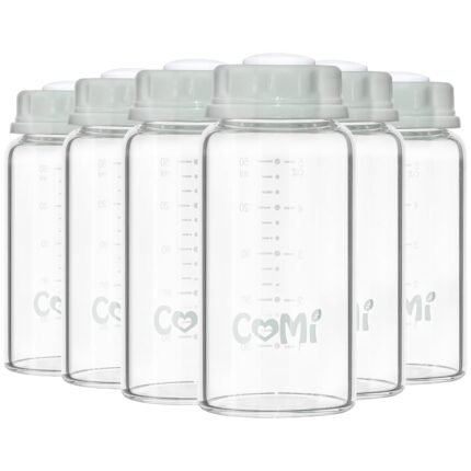 COMI Natural Glass Baby Bottle,Standard Neck Breastmilk Storage Bottle for Fridge,Breast Milk Container,Breast Pump Bottle Compatible with Medela Breast Pump,BPA Free,6PCS (5oz,6 Gray Lids)