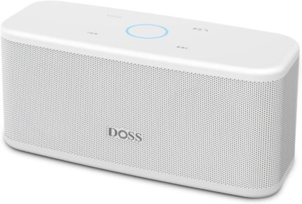 DOSS SoundBox Plus Bluetooth Speaker with Superior Sound, Bluetooth 5.0, Wireless Stereo Pairing, Built-in Mic, 20H Playtime, Portable for Hking, Beach, Camping. Outdoor, Home - White. Upgrade version