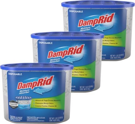 DampRid Fragrance Free Disposable Moisture Absorber with Activated Charcoal, 18 oz (Pack of 3) Moisture Absorber & Odor Remover, Lasts Up To 60 Days, No Electricity Required