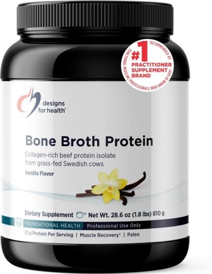 Designs for Health Bone Broth Protein Powder – 21g Grass-Fed, Collagen-Rich Beef Protein Isolate – Vanilla, Paleo, Non-GMO, Dairy-Free (30 Servings / 810g)
