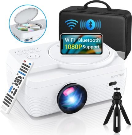 Full HD WiFi Bluetooth Projector Built in DVD Player, 12000LM 1080P Supported, Portable Mini DVD Projector for Outdoor Movies, 250" Home Theater, Compatible with iOS/Android/TV Stick/PS4/HDMI/USB/TF