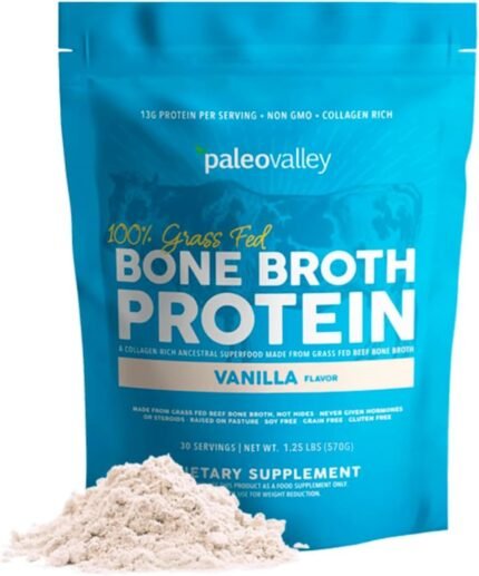 Paleovalley 100% Grass Fed Beef Bone Broth Protein Powder - Rich in Collagen Peptides for Hair, Skin, Gut Health, Bone and Joint Support - 13g Protein Per Serving - No Gluten or GMOs - Vanilla