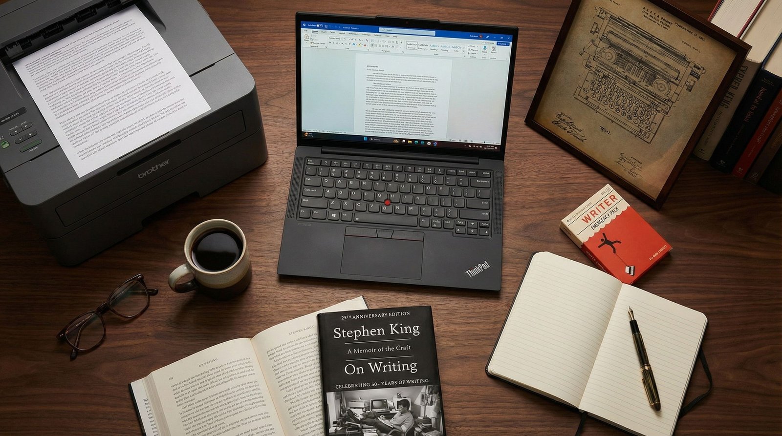 A laptop, printer, notebook, and books on a writing desk