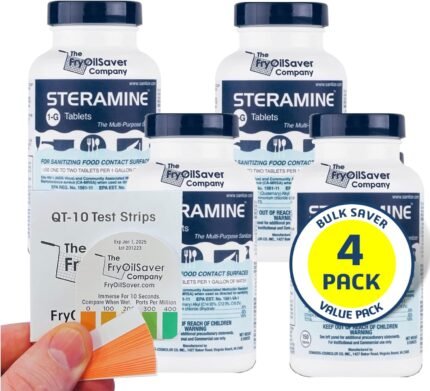 4 Bottles Steramine Sanitizer Tablets - 15x QT-10 Test Strip - Multi Purpose Steramine Sanitizing Tablets for Food Contact Surface, Kitchen, Restaurant Cleaning & Food Truck by FryOilSaver (600 Count)