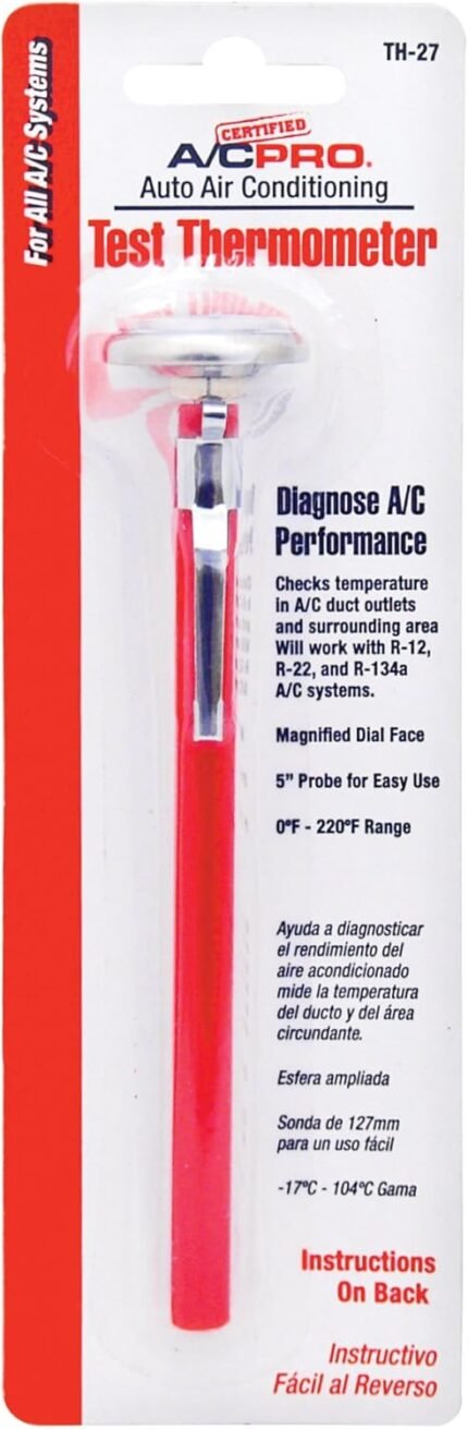 Certified A/C Pro Car Air Conditioner Test Thermometer, Helps Diagnose AC Performace and Checks Outlet Duct Temperature and Ambient Temperature, Includes Holder and Clip, InterDynamics