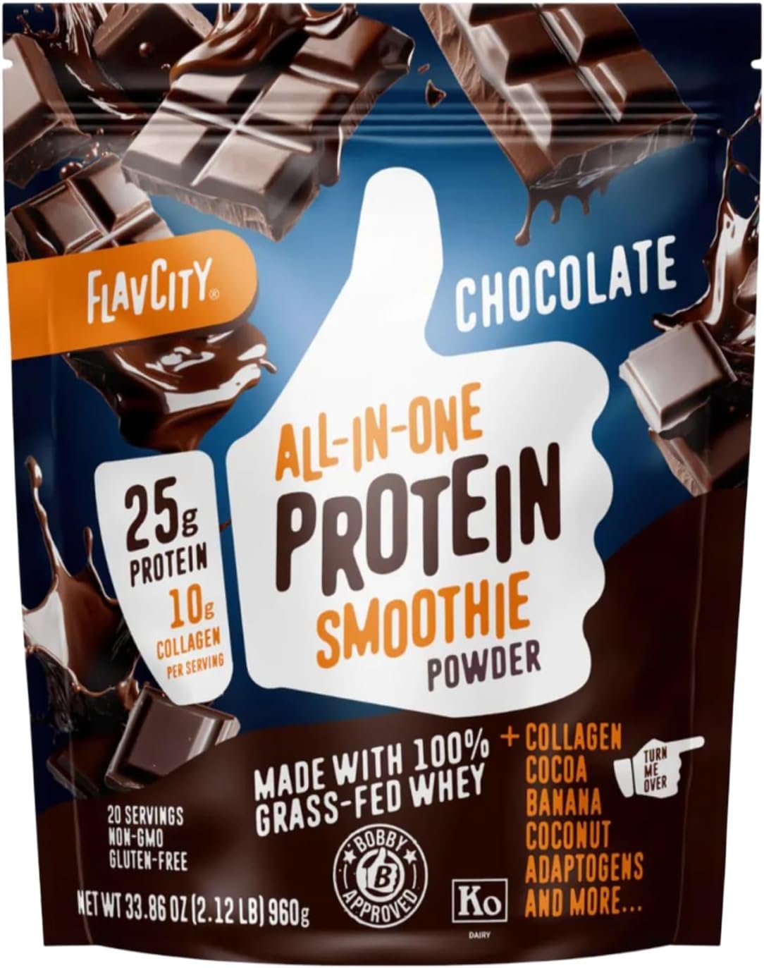 FlavCity Chocolate Protein Powder, Organic Cocoa with Collagen Peptides, Reishi