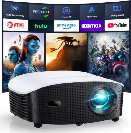 GooDee Smart Mini Projector with WiFi and Bluetooth - 1200 ANSI 4K Support, Compatible with Netflix/YouTube/Prime Video, AI Auto Focus & Keystone, Dolby Audio Home Theater Projector for Indoor/Outdoor