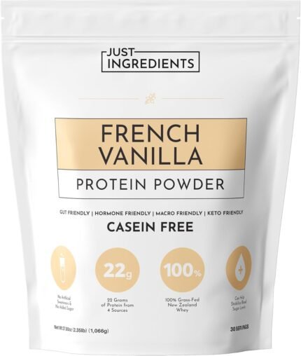 JUST INGREDIENTS French Vanilla Protein Powder – 30 Serving Bag – Grass-Fed Whey & Plant Protein Blend with Real Vanilla Bean – Sweetened with Coconut Sugar & Monk Fruit, Non-GMO, Gluten-Free