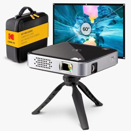 KODAK Luma 75 Complete Kit – Ultra Mini DLP Pocket Projector with Case, Tripod & 60” Screen, Rechargeable Battery, Built-in Speaker, HDMI, USB, MicroSD – Portable for Home, Office, & Outdoor (Black)