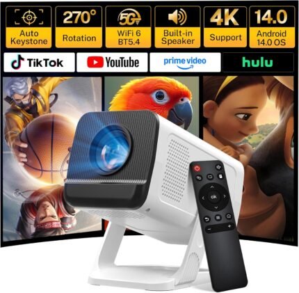 Mini Portable Projector for Bedroom with WiFi and Bi-directional Bluetooth 1080P 4K Support Smart Android 14 OS Auto Keystone Compatible with Netflix, YouTube, Prime Video, Disney+