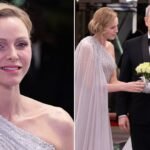 Princess Charlene of Monaco attends the Rose Ball 2026 Photocall on March 21, 2026 wearing a glittering sequin caped gown from Elie Saab