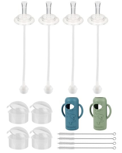 Straw Cup Conversion Kit with Silicone Sleeves for Dr. Brown's Narrow Glass Baby Bottle 8oz,Weighted Straw Replacement Kit with Soft Straw Top and Handle,6m+,Set of 4