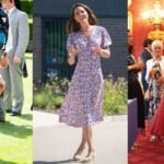 A 3-way split image of Princess Kate in a white dotted dress, in a purple floral dress and a red dress