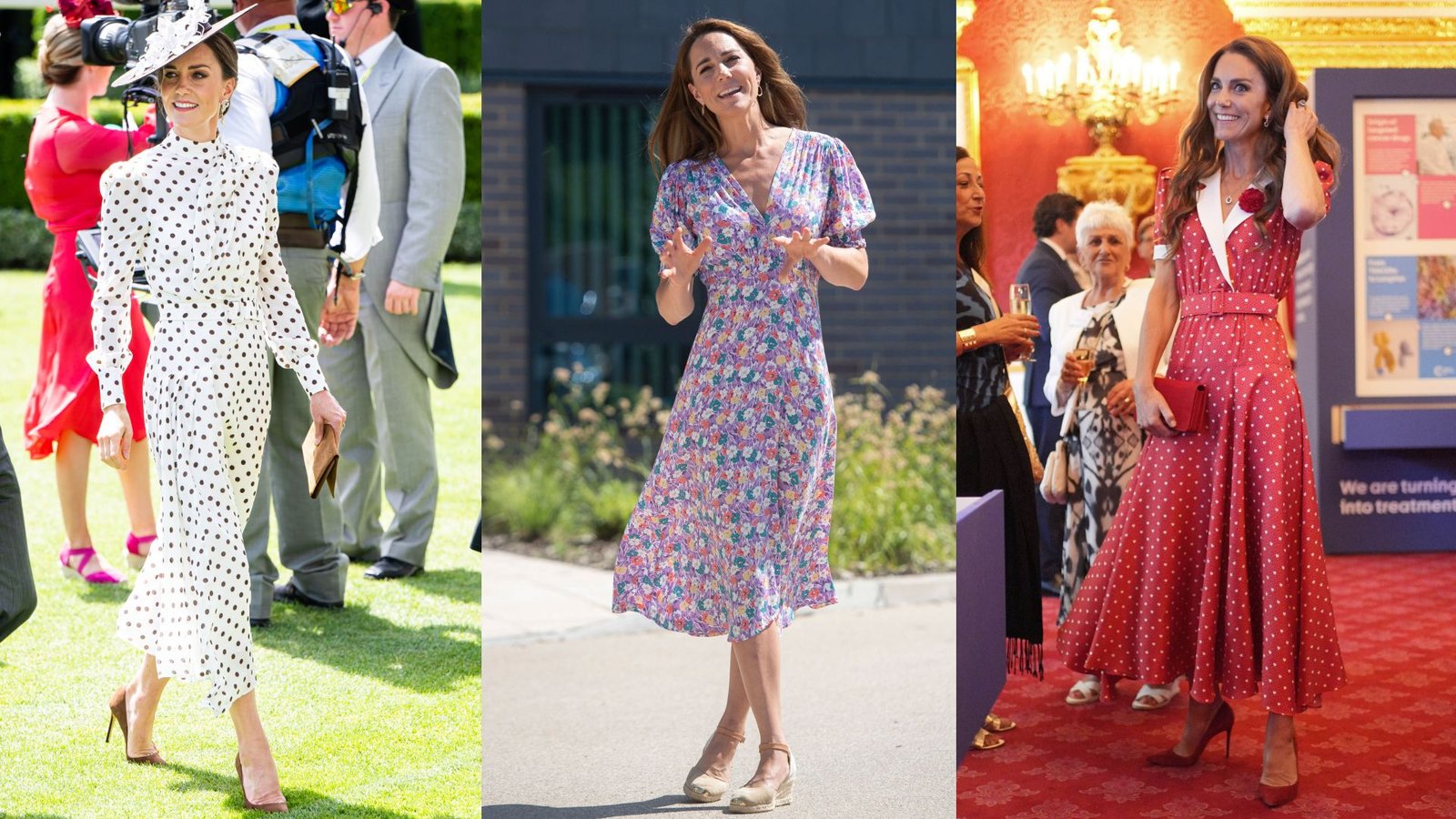 A 3-way split image of Princess Kate in a white dotted dress, in a purple floral dress and a red dress