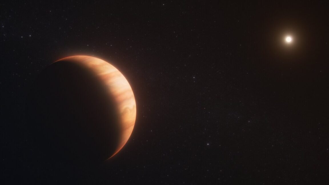 Artist's version of a large planet orbiting a small, dim star.