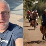 Left, a man in glasses speaks to the camera. Right, a group of cyclists bike along a riverbank.