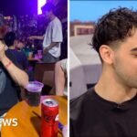 Left, a man with a drink on a night out. Right, a man in a black shirt speaks to camera.