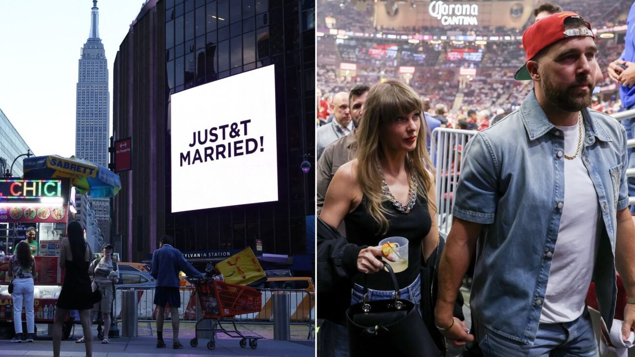 Taylor Swift and Travis Kelce are married at Madison Square Garden and a sign announces their nuptials outside