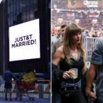 Taylor Swift and Travis Kelce are married at Madison Square Garden and a sign announces their nuptials outside