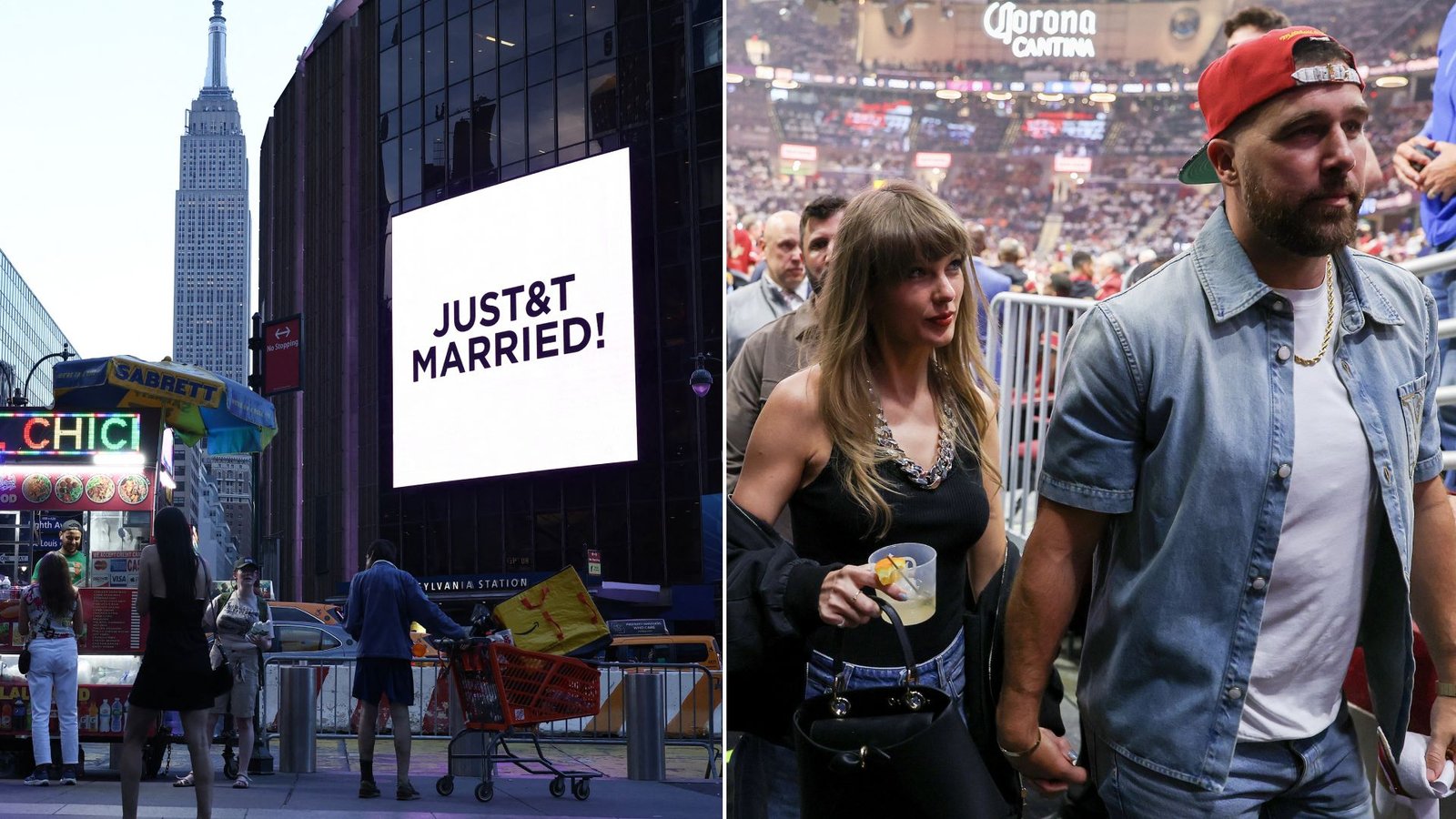 Taylor Swift and Travis Kelce are married at Madison Square Garden and a sign announces their nuptials outside