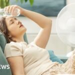 A woman reclines on a sofa next to a fan and with a bottle of water pressed to her forehead
